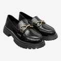 Black Color Buckle Design Shining Loafer Shoes For Women. 