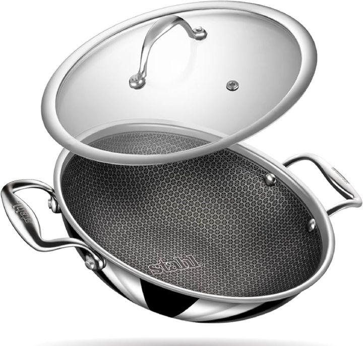 Stahl Triply Non Stick Hybrid Kadhai With Glass Lid, 6324, 24 cm, 2.4 Liters.