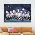 Single Panel Seven White Horse Force Running on Full Moon Night On River Splashing Out Water Matte Canvas Cotton Print | HQ | Great Significance in Vastu | XXS | Tightly Wrapped In Wooden Frame | Not stickers or No Forex Board. 