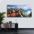Single Panel Village Painting With Mountain Trekkers Walking On Bridge | Small Medium Large. 