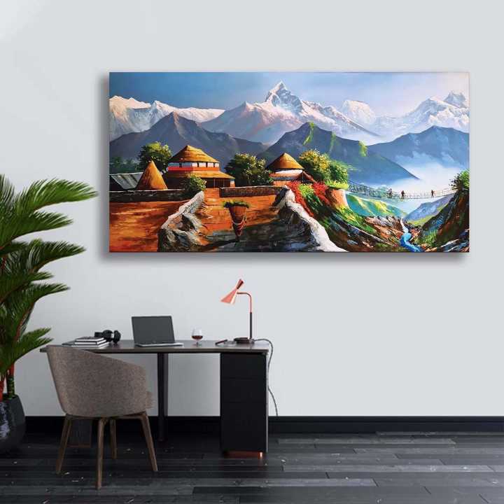 Single Panel Village Painting With Mountain Trekkers Walking On Bridge | Small Medium Large