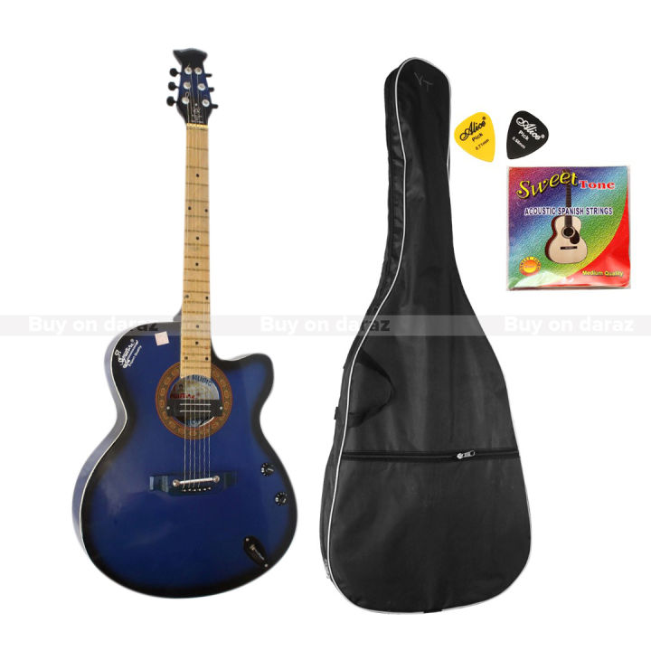 Signature Glossy Blue Full Size Indain Guitar With Volume Tone Pick Up  Cover,String And 2 Picks