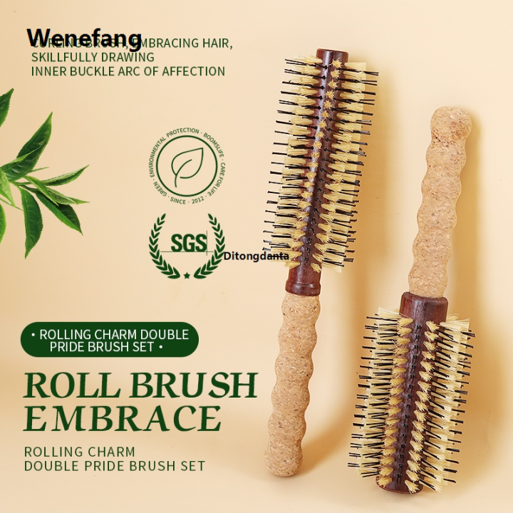 Wenefang%20Hairbrush%20Wooden%20Handle%20Comb%20Barrel%20Curl%20Hair%20Ladies%20Brush%20Handle%20Species%202%20Cork%20Wild%20Boar%20Shape%20Anti-static%20Round%20-%20Image%202