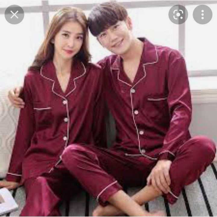 Korean Satin Silk Couple Floral Pajama Set- Full Sleeve-Sleepwear- Nightdress (L-XXL) For Girls