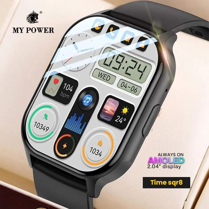 MyPower 2.04" Amoled Display Smartwatch TimeSqr8| Square shape Smartwatch | Bluetooth version 5.2 |Always On Screen| Bluetooth HD Calling | Health Tracking | IP67 Water resistant |1 Year Warranty.