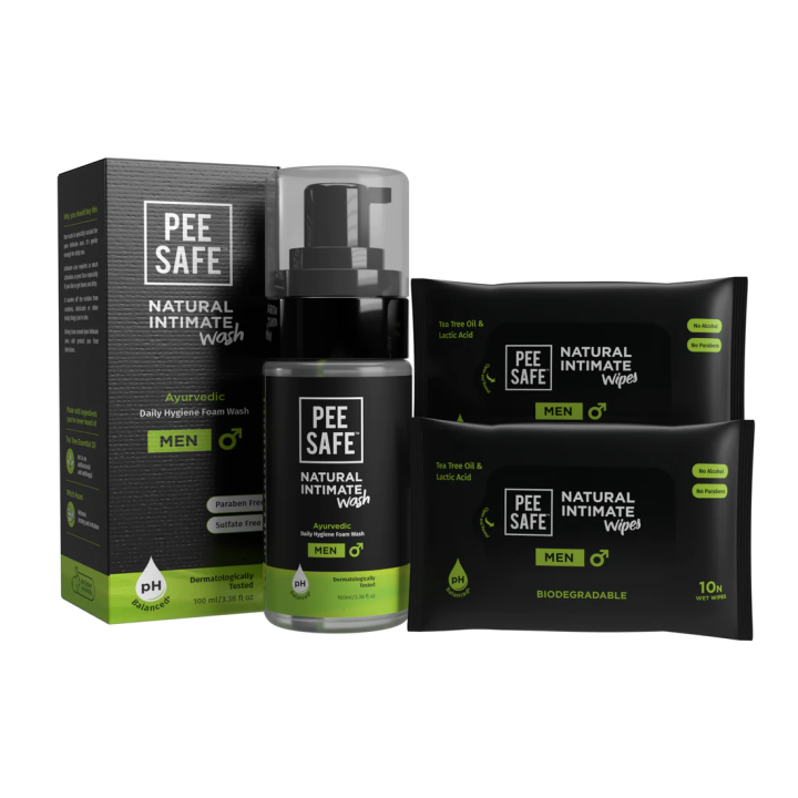 Pee Safe Natural Intimate Wash (1N) & Wipes (2N) - Combo For Men