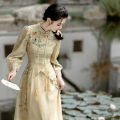 New Chinese style buckle cheongsam dress Women's Spring and Autumn New Chinese style retro modified dress waist-tight long dress. 