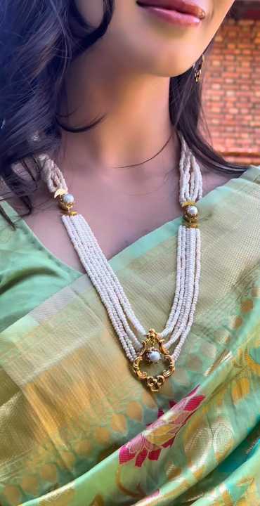 MIIR Gatha Pearl Necklace Set | Gold Plated Panchadhatu Long Necklace with Earrings | Traditional Nepali Heritage Jewelry