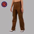 Nepster Brown High Rise Premium Straight Fancy Cotton Cargo Box Pants For Women. 