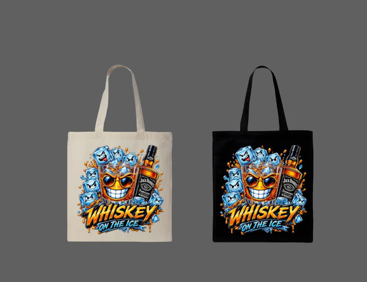 "Whiskey On The Ice" Graphic Printed Canvas Tote Bag– Eco-Friendly Cotton Shoulder Shopping Bag-White, Black