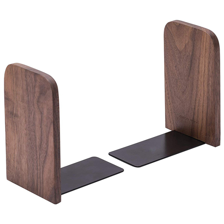 6Pcs%20Wooden%20Bookends%20with%20Metal%20Base%20Heavy%20Duty%20Black%20Walnut%20Book%20Stand%20with%20Anti-Skid%20Dots%20for%20Office%20Desktop%20-%20Image%203