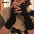 Wenefang 1pair Black Tattered Punk Unisex Fingerless Cuff Knit Gloves Women Men Elbow Length Mittens Broken Stretch Arm Warmer Gloves. 