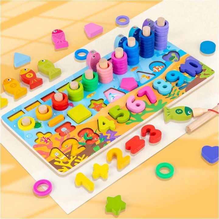 Montessori Educational Wooden Board 4 In 1 Educational Games With Number Counting Stacking Colors Sorting Shapes Fishing Game Fun Educational Toy In Bright Colors For Kids