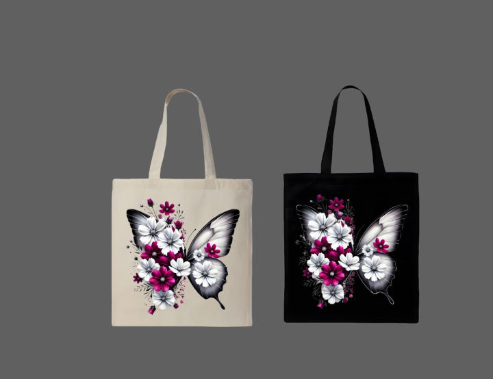 Floral Butterfly Graphic Printed  Tote Bag – Eco-Friendly Cotton Shoulder Shopping Bag-White, Black