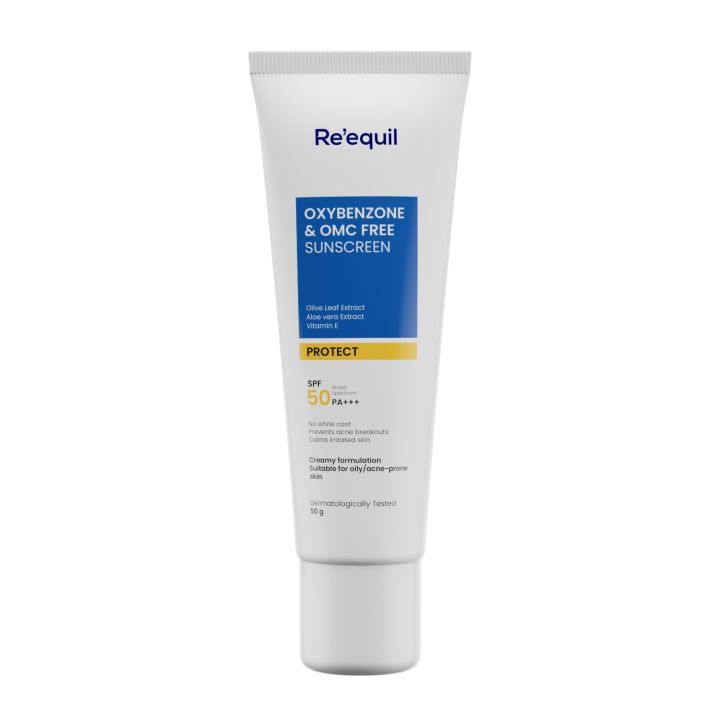Re'equil Oxybenzone and OMC Free Sunscreen For Oily, Sensitive & Acne Prone Skin Prevents Acne Breakouts No White Cast SPF 50 PA+++ 50g
