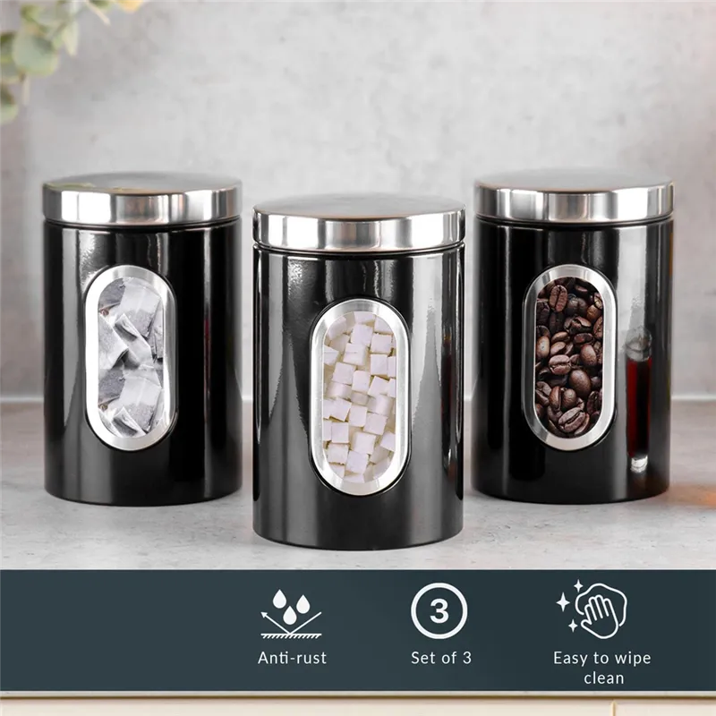 PCS Kitchen Canister Set Black Stainless Steel Suitable for