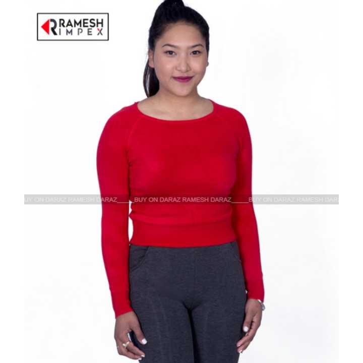 Women's Winter Warm Long Sleeves Saree Blouse Cropped Sweater-Red