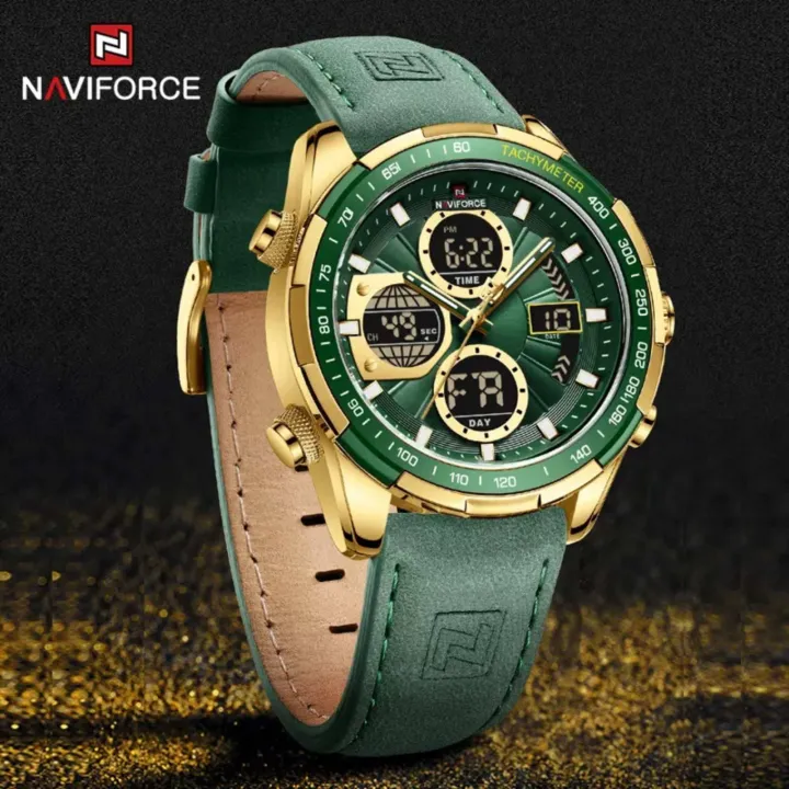 NAVIFORCE%20NF9197%20Men's%20Business%20Day%20Date%20Function%20Analog%20Digital%20%20Leather%20Strap%20%20Wristwatch%20-%20Gold/Green%20-%20Image%204