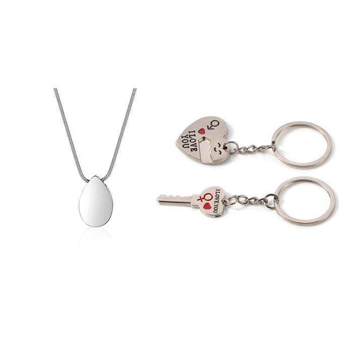 ARELENE 1 Set Teardrop Shape Of Waterdrop Cremation Urn Necklace & 1 Pair You Heart Shape Couple Key Chain Ring