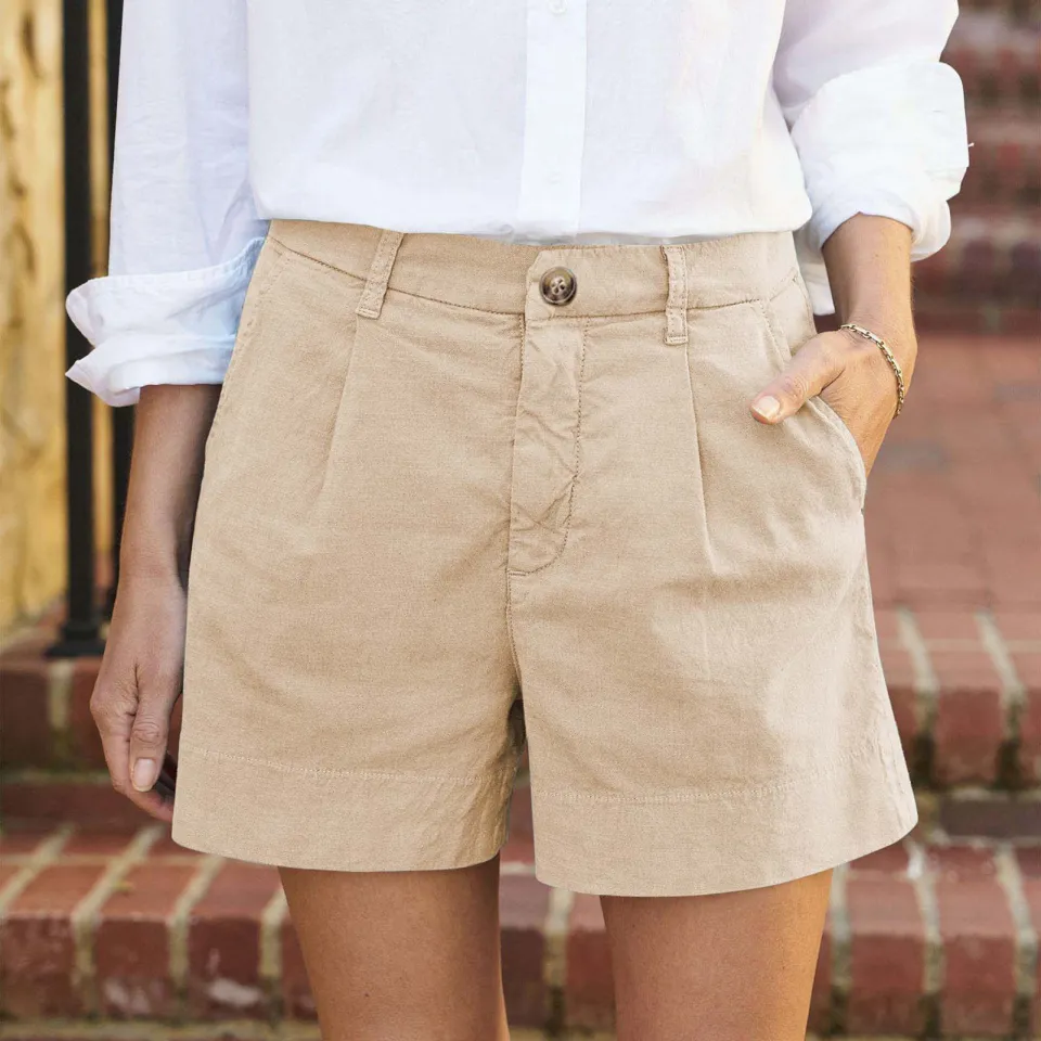 Linen Shorts Khaki Knee Length Shorts Women's CARAT Loose
