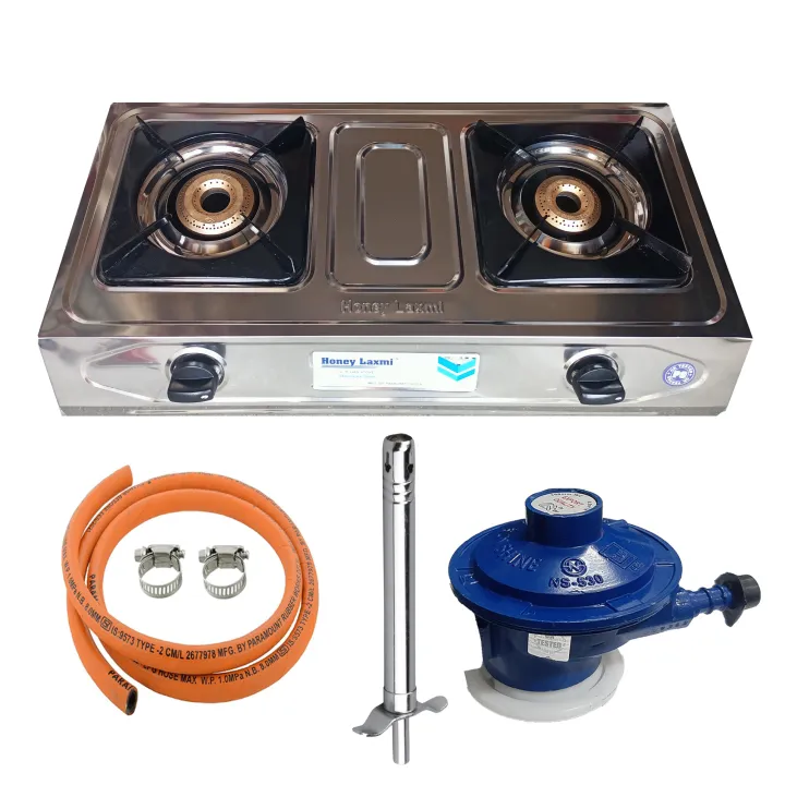 Honey Laxmi Stainless Steel 2 Burner Gas Stove with Regulator Pipe Gas lighter and Clips 2 Years warranty Made in India