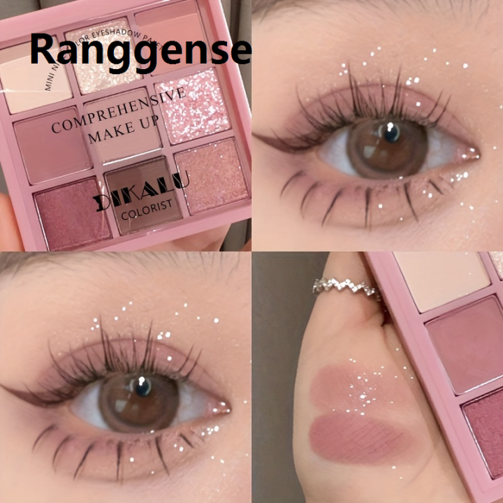 Ranggense Rose 9 Color Eyeshadow Palette Matte Glitter Finish Highlighter Eyeshadow Pink Brown Girls Cosmetics