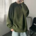 Crewneck Green Sweater Men's Autumn and Winter Hong Kong-style Loose Lazy Knitted Sweater Fashion Brand Winter Thickened Wool Clothes. 