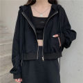 2023 New Spring and Autumn Korean Style Short Thin Sweater Women's Zipper Cardigan Jacket Solid Color Hooded Long-sleeved Top Trendy. 