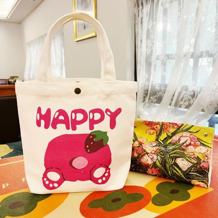 Canvas Bag Strawberry Bear Cute Cartoon Printing Student Foreign Trade All-match Environmental Protection Hand Shopping Bag Hand Small Cloth Bag