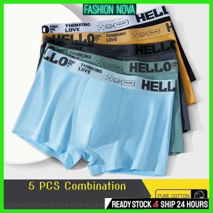 Fashion Nova Ready Stock Mens Underwear Cotton Trend Hello Breathable Spender Lelaki Large Size Boxer Briefs for Men