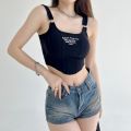 Korean Chic Letter Print Short Design Light Padded Tank Top Camisole. 