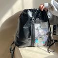 Portable Transparent Pocket Drawstring Backpack Large Capacity PU Itabag Handheld Bag Lightweight Shoulder Bag Outdoor. 