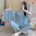 3 Piece Pajama Set Girls' short sleeve shirt long trouser Home wear Short Sets Night Shirt Pajama Women's Sleepwear. 