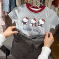 Korean children's clothing children's set 25 summer new cartoon Kt cat print short sleeve t-shirt foreign denim shorts tide. 