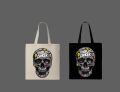 Graffiti Skull Printed Tote Bag– Eco-Friendly Cotton Shoulder Shopping Bag-White, Black. 