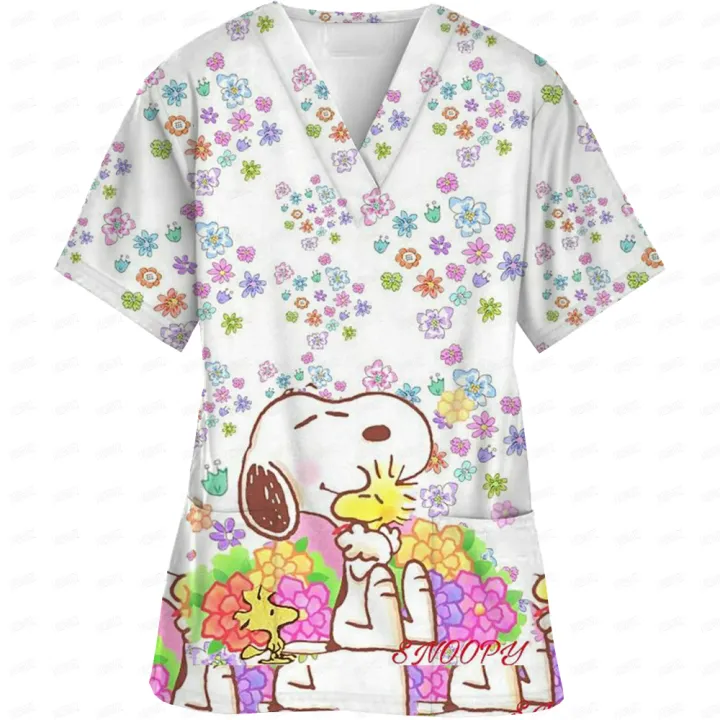 Surgical%20Wear%20Work%20Clothes%20Cartoon%20Snoopy%20print%20Hand%20Washing%20Nurse%20Uniform%20Women's%20V%20Neck%20Short%20Sleeve%20T-Shirt%20Tops%20-%20Image%202