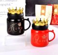 1 Pcs Red & Black Queen+King Ceramic Cup-Crown Mug With Lid For Coffee,Tea. 