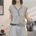 Summer Thin Hollow V-Neck Knitted Sleeveless Women's Design Sense Niche Knitted T-Shirt Women's 2025 New Top. 