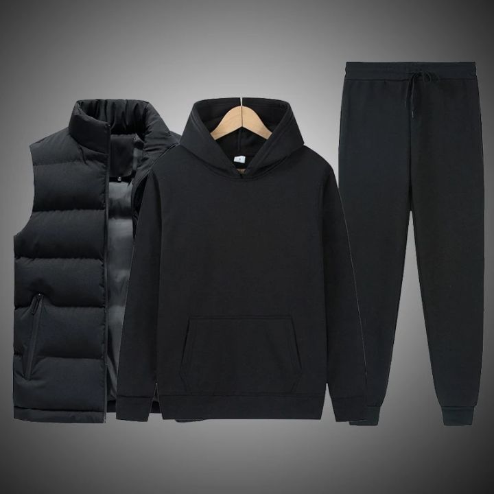 Black Stylish Hoodie, Joggers, And Half Jacket Set For Men
