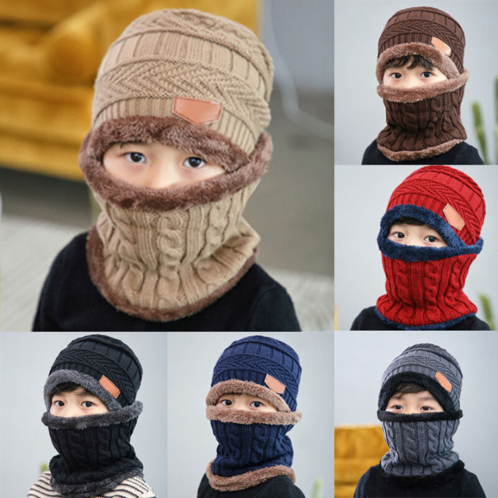 2%20In%201%20Winter%20Warm%20Fleece%20Liner%20Knitted%20Beanie%20Hat%20Tube%20Scarf%20Set%20Boys%20Girls%20Skullies%20Cap%20-%20Image%205
