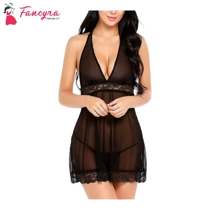 Fancyra Soft Net Sleeveless Night Dress With G String Panty For Women- Black | Fashion Lingerie For Women