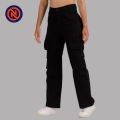Nepster Black High Rise Premium Straight Cotton Cargo Box Pants For Women. 
