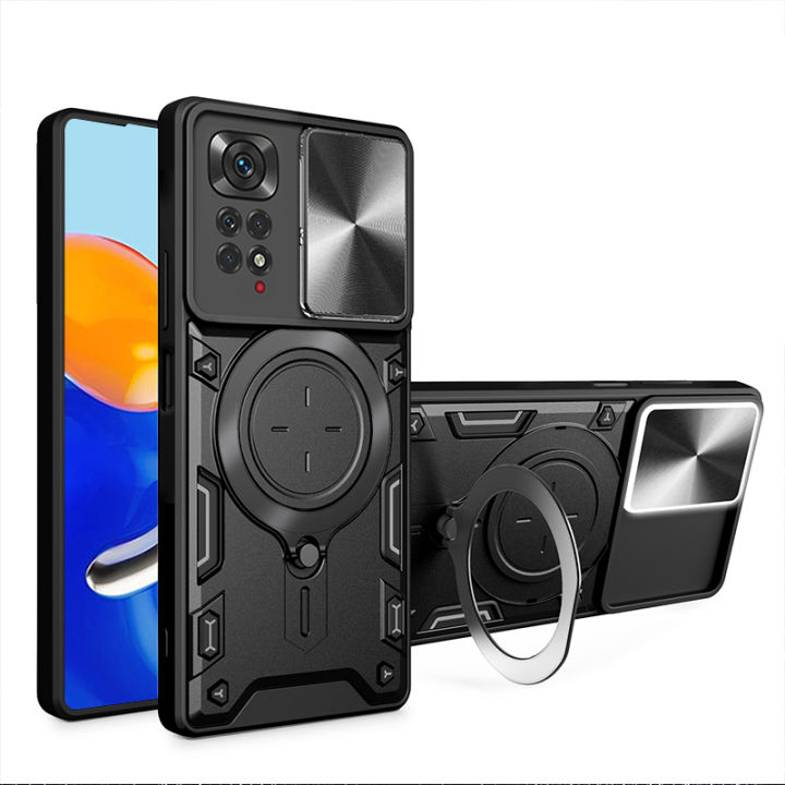 Rugged Armor Shockproof Case For Xiaomi Redmi Note 11S 4G – Magnetic Ring Stand – Matte Black – Slim