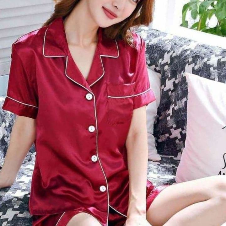 Pajama%20Set%20-%20Satin%202Pcs%20Shirt%20And%20Short%20Night%20Dress%20For%20Women%20-%20Image%202