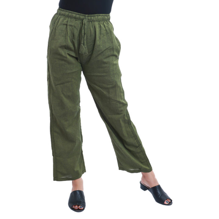 Green Cotton Back Pocket Design Bhutani Pants For Women
