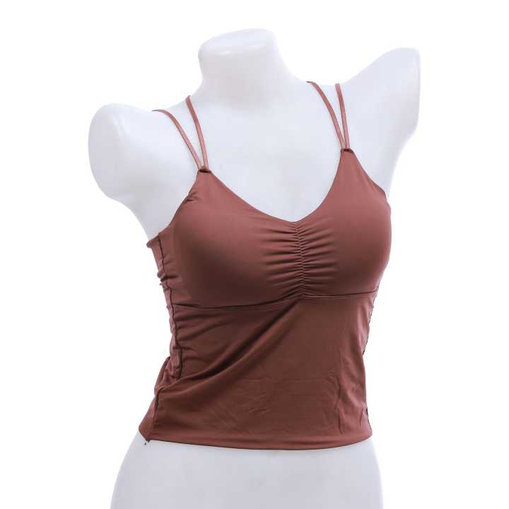 Dark Brown Spandex Sexy Slim Backless Cami Tops With Separated Bra Crossed Straps Padding Tanks Crop Tops For Women