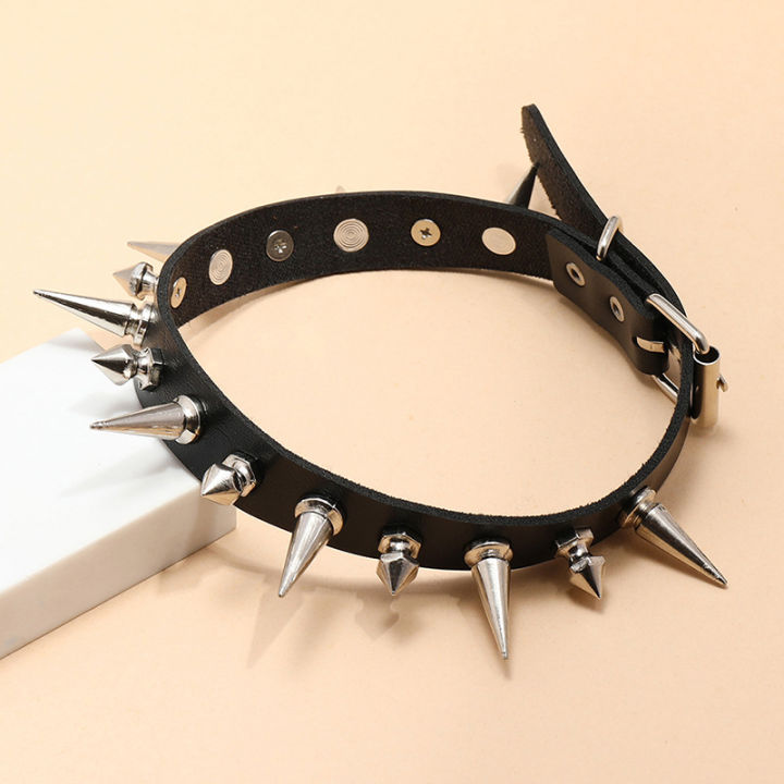 Long Spike Choker Punk Faux Leather Collar  Goth Style Necklace Accessories Natuo