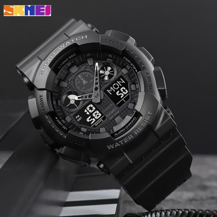 Skmei Analog Digital Dual Display Sport Chronograph Led Light Display Watch For Men Black