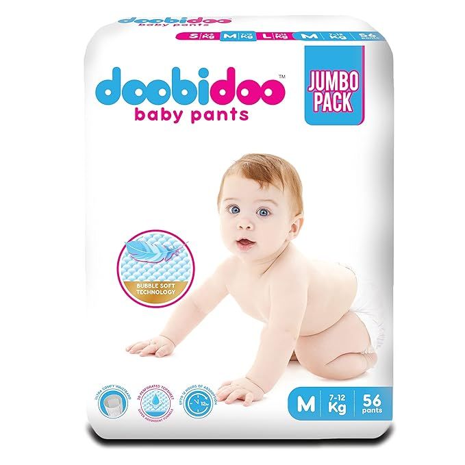 Doobidoo Baby Pants Diapers - Medium Size (56 Count) - All Round Softness with Bubble soft Top sheet (7-12 kgs)