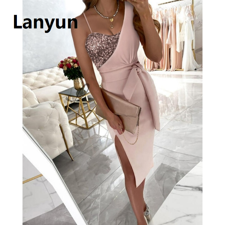 Lanyun%20Spring%20Summer%20Solid%20Color%20Sequins%20Dress%20Single-Shoulder%20Suspender%20Original%20One-Piece%20Meeting%20Dress%20Long%20High%20Waist%20Dresses%20-%20Image%202